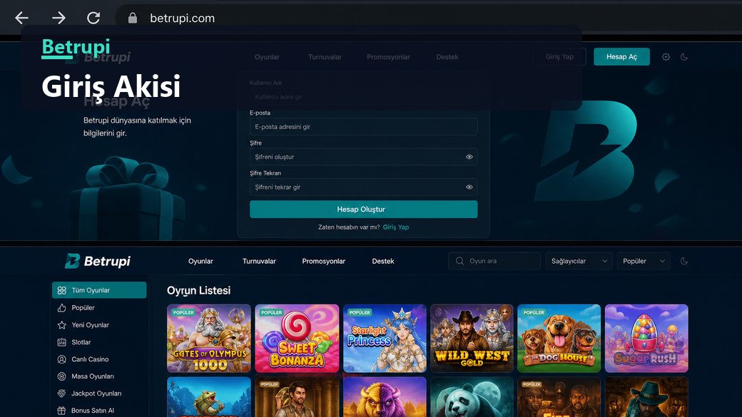 Tarayıcı adres çubuğu, hesap açma ekranı ve oyun listesi arasındaki geçiş